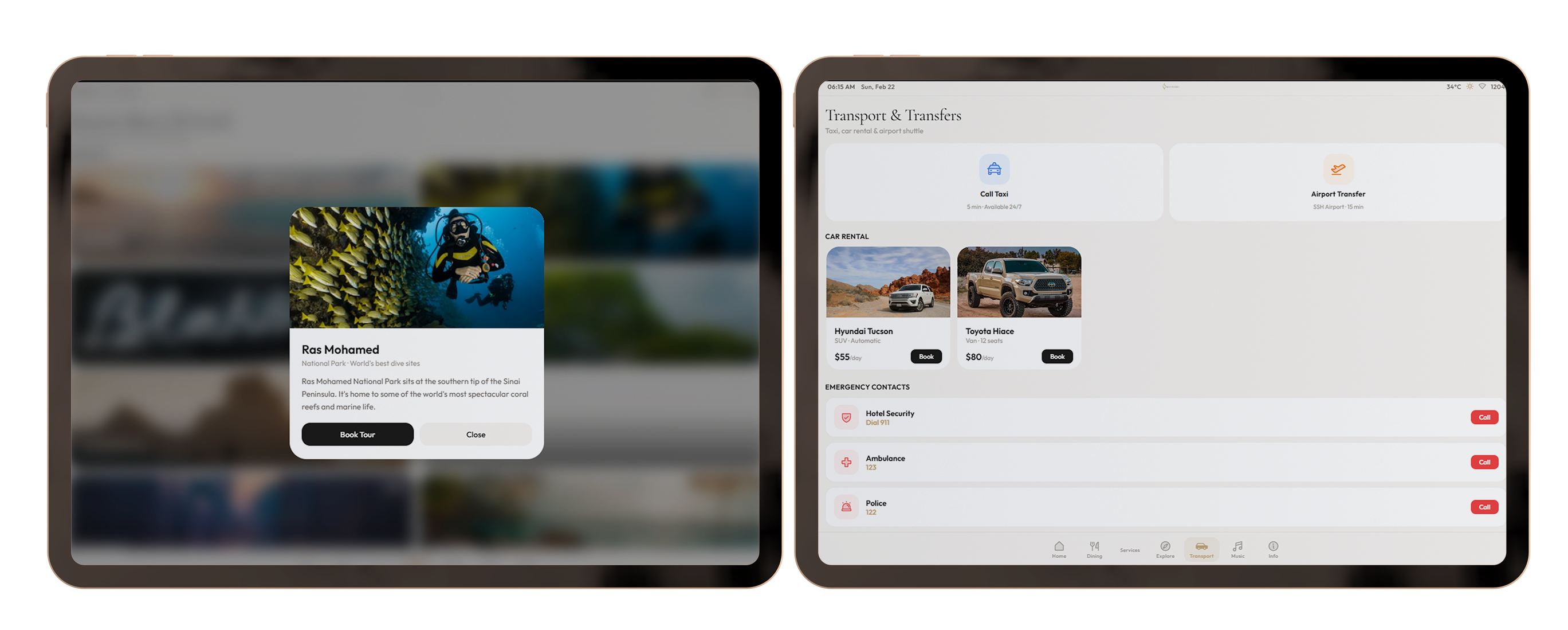 Tablet interface showing services grid
